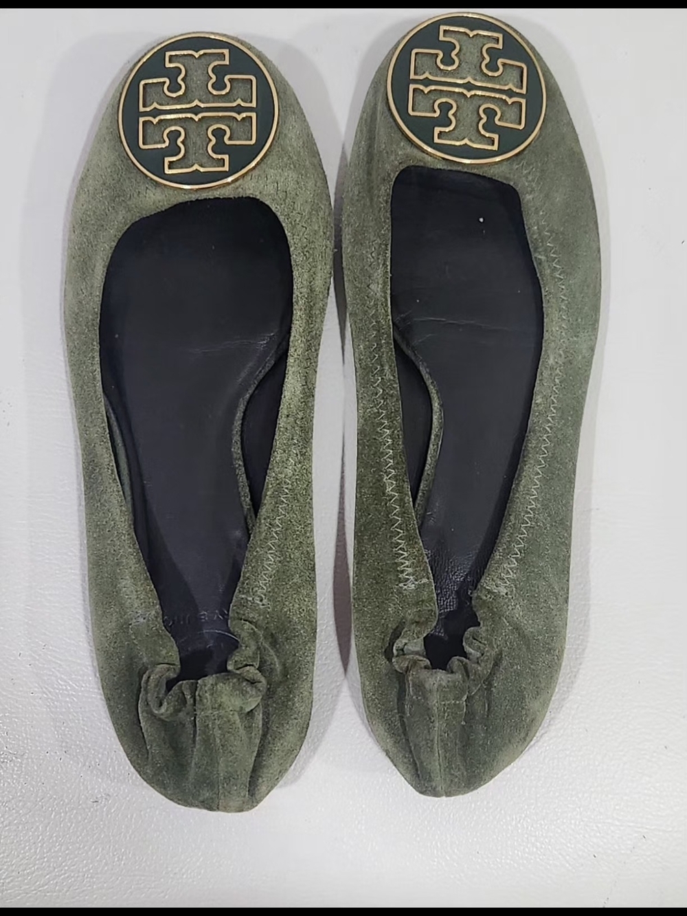 Tory Burch Olive Green Suede Logo Ballet Flats